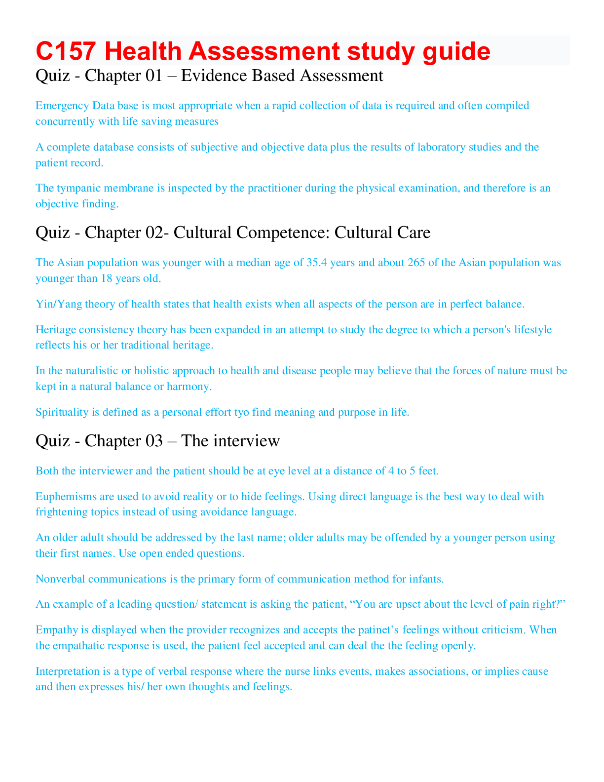 Preview of C157 Health Assessment Study Guide